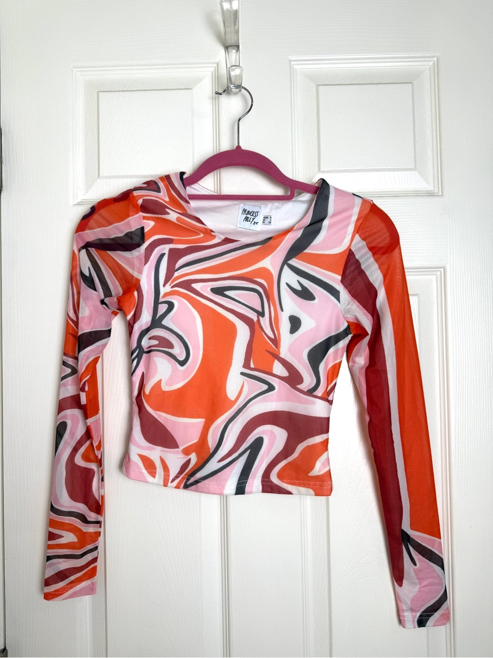 Princess Polly Orange & Pink Swirl Long Sleeve Waist length Top Womens S UK 8